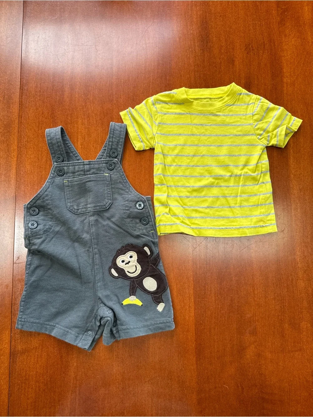 Carter's Yellow Striped Tee with Gray Monkey Shortall Set